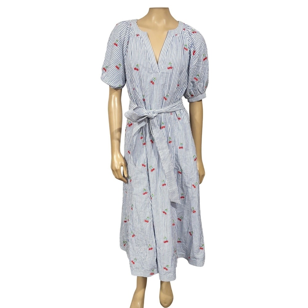 Boden Bria Embroidered Seersucker Cherry Embroidered Midi Dress V-Neck Pockets